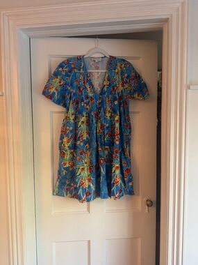 HUNTER BELL Blue Floral Mini Dress with Red and Green Accents